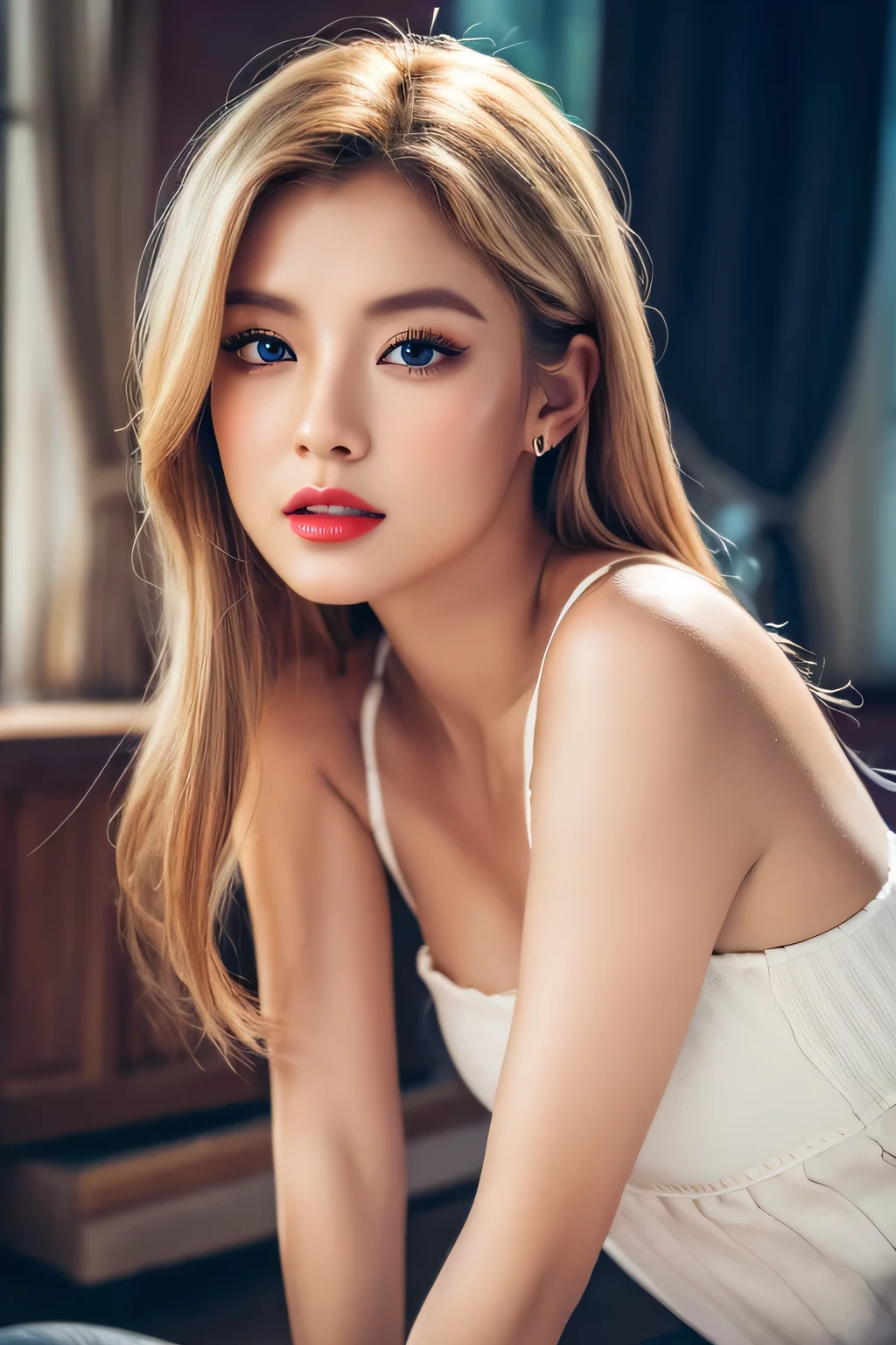 An unparalleled masterpiece, Ultra-realistic 8K CG, Perfect artwork, ((Image of a perfect woman)), Mature Woman, Tight waist, charm, clean, Beautiful Face, {Very delicate and beautiful girl} , 8k wallpaper, {{{masterpiece}} }, 1 Girl, bionde, blue eyes, American Drama「Charlie's Angels」、Long Hair, Red lips,double eyelid、I'Apply mascara、 alone, (Shiny skin),photo shoot on the beach、Wearing a red bikini、Pose like a model、The sea of Shikanoshima、early summer sea、