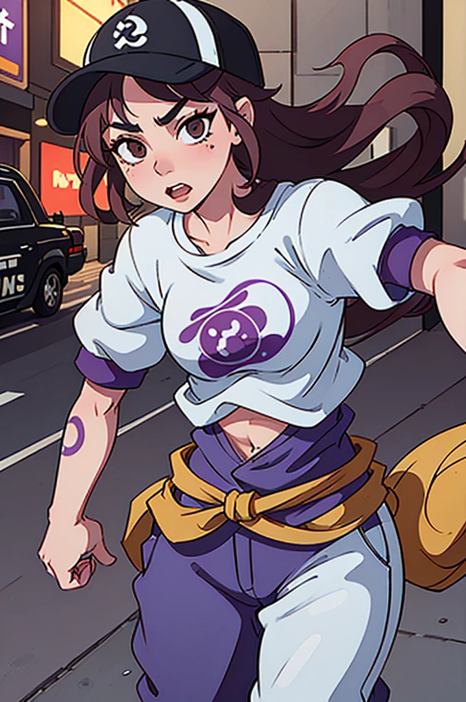 1 female, fierce gangster, asian, cute slanty eyes, full sleeve geisha tattoos on right arm, teardrop tattoo under eye, hip hop clothes, realistic lips, oversized white t-shirt, hourglass figure, on the street corner, pistol tucked in pants, light brown hair, purple eyes, angry, red hair, slit pupils, baseball cap, best quality
