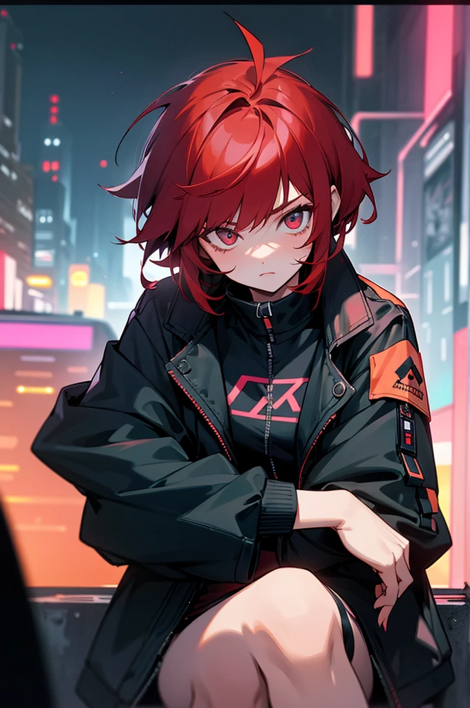tomboy girl, red hair, cool black open short jacket, messy fade cut hair, on futuristic neon night street background, straight front center, sit pose