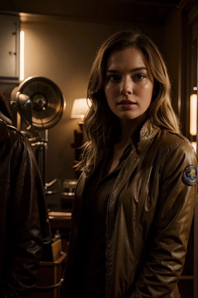 Elizabeth Henstridge as Amelia Earhart, brown jacket, short blonde wavy hair