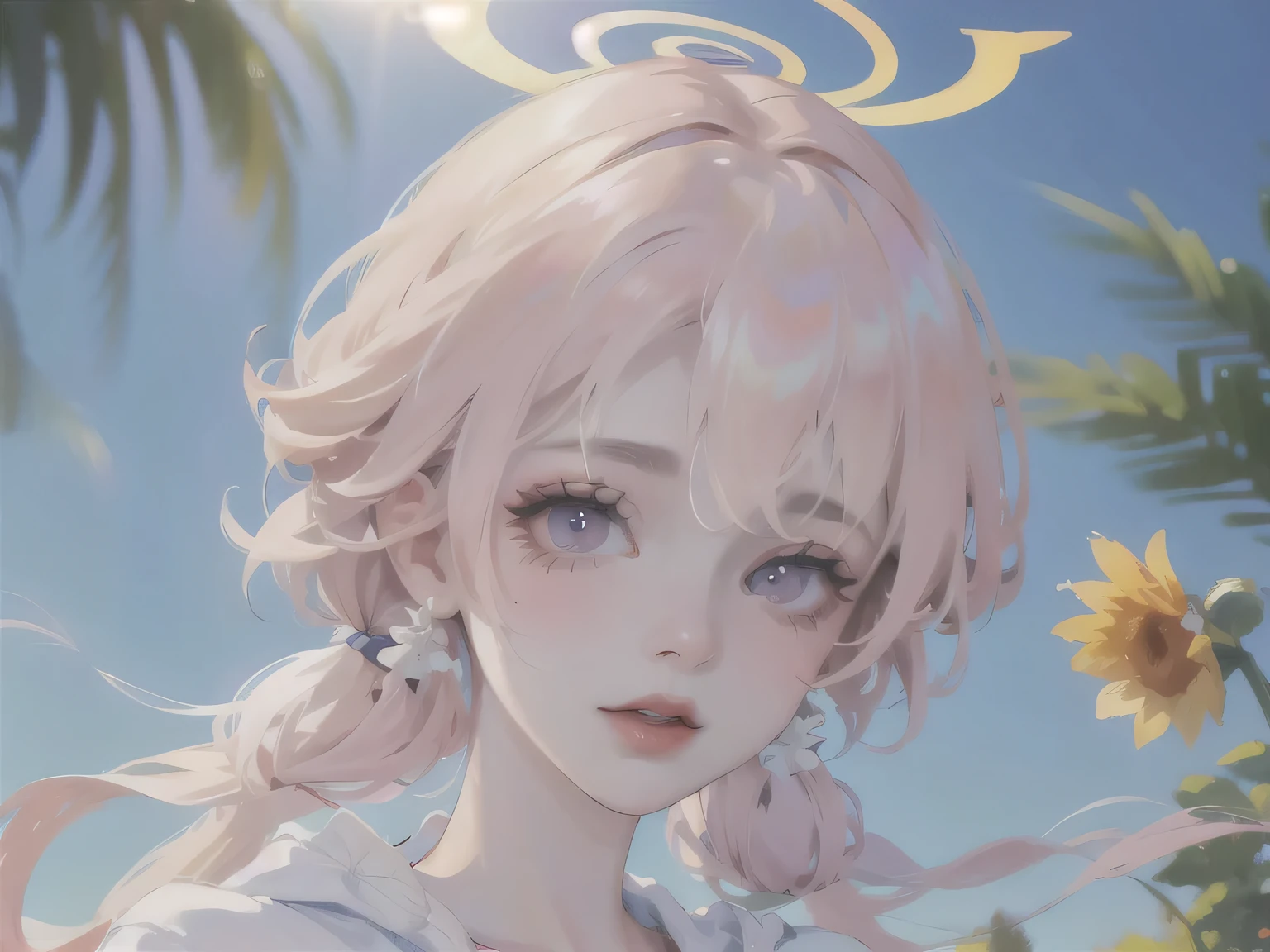 (High quality) (best quality) (A woman) (correct physiognomy) (perfect pupils) (perfect eyes) woman, deep pink hair, long and fluffy, two bunny ears coming out of her head, eyes of color blue, sensitive lips, feminine appearance, soft facial features, thin eyebrows, soft skin, rosy cheeks, rosy lips, silky eyelashes, dreamy expression, middle age, youthful clothing, sweatshirt with print of sheep, photo illuminated by sunlight, woman in a field of sunflowers