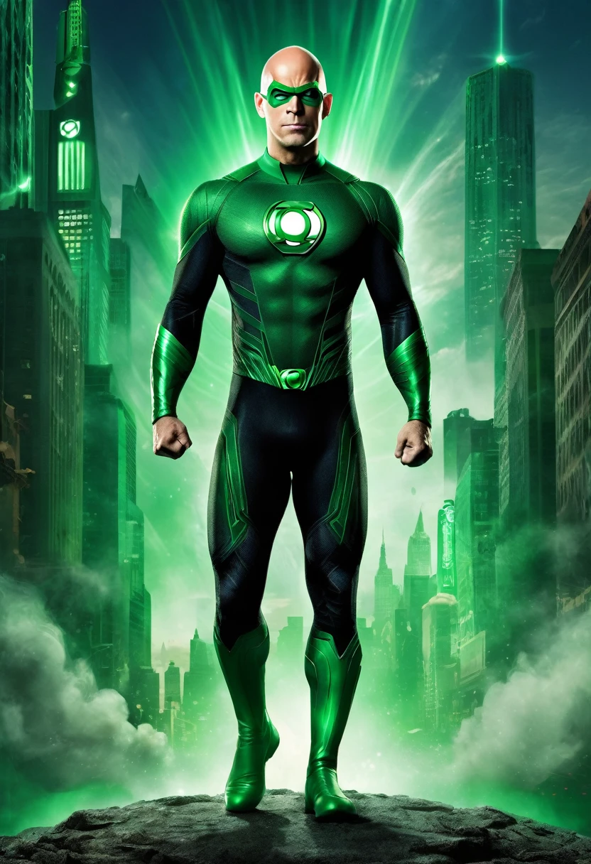 A full body a bald man as green lantern, superhero cinematic, best quality 