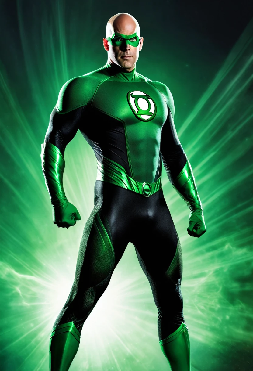 A full body a bald man as green lantern, superhero cinematic, best quality