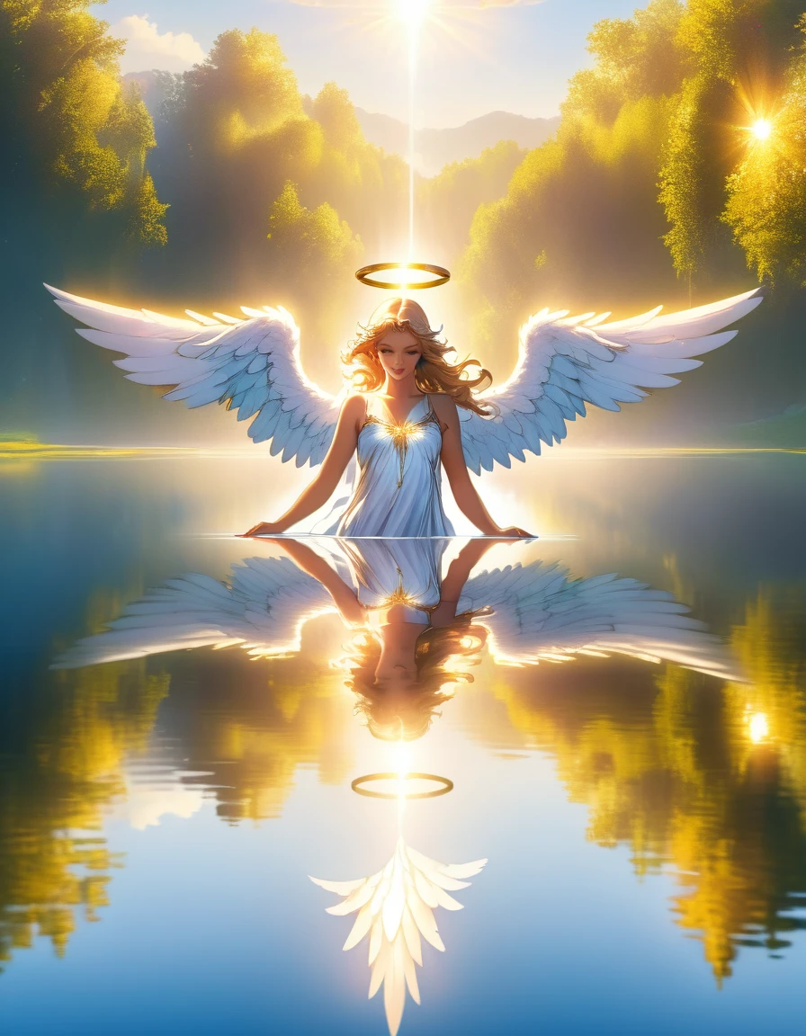 a picture of a female angel flying over a lake ((the angel's reflection mirrored perfectly in the lake: 1.5)), full body shot, a beautiful female angel, divine beauty angel, ((ultra detailed face: 1.5)), (best detailed face: 1.5), dynamic eye color, dynamic hair color, dynamic hair style, intense gaze, wearing dynamic clothing, hovering over a lake, (white angelic wings spread: 1.3), (((a perfect reflection of the angel seen in the lake: 1.5))) vibrant, Ultra-high resolution, High Contrast, masterpiece:1.2, highest quality, Best aesthetics), best details, best quality, highres, ultra wide angle, 16k, [ultra detailed], masterpiece, best quality, (extremely detailed),