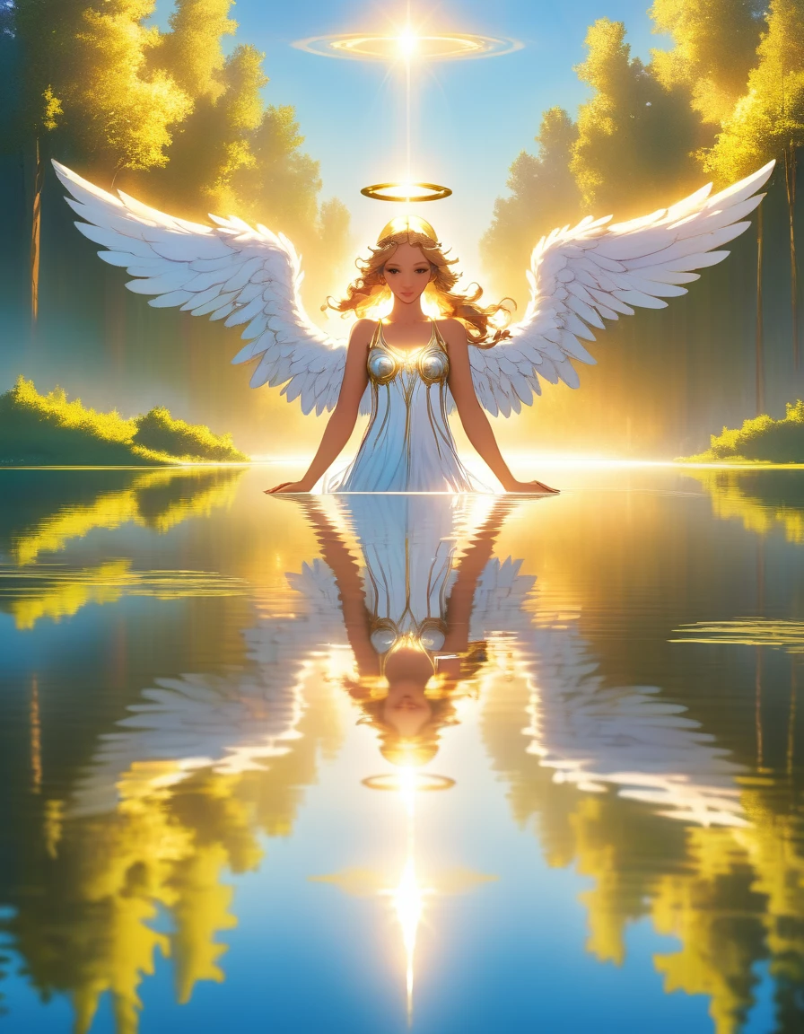 a picture of a female angel flying over a lake ((the angel's reflection mirrored perfectly in the lake: 1.5)), full body shot, a beautiful female angel, divine beauty angel, ((ultra detailed face: 1.5)), (best detailed face: 1.5), dynamic eye color, dynamic hair color, dynamic hair style, intense gaze, wearing dynamic clothing, hovering over a lake, (white angelic wings spread: 1.3), (((a perfect reflection of the angel seen in the lake: 1.5))) vibrant, Ultra-high resolution, High Contrast, masterpiece:1.2, highest quality, Best aesthetics), best details, best quality, highres, ultra wide angle, 16k, [ultra detailed], masterpiece, best quality, (extremely detailed),