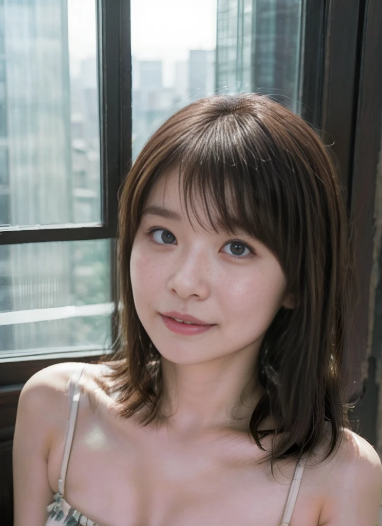 Highest quality, 8K, Tabletop, Realistic, Realistic, , (窓からはLate Nightの大都会の夜景、Ample breasts:1.2), Big Breasts, , , Abundant hips, Detailed face, Beautiful Face, , Beautiful woman,((Gray detailed eyes、Translucent skin texture、A shy smile、Fluffy hair、Light Brown Hair、Big city view from the window、Shaggy Cut、Floating Hair、、Cute Japanese Idols:1.4)). (、short hair、Floating Hair、Parted bangs、Bedroom、Sit on the bed、Place your hands on your feet、Late Night、indirect lighting、Sheer white bra and panties、Ample breasts、Looking into the camera:1.2))