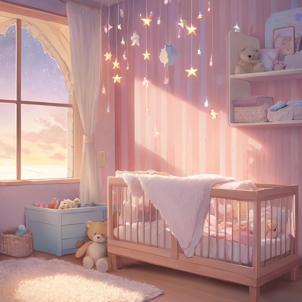 ((Masterpiece)), ((Best Quality)), (Very Detailed), ((Very Detailed)), 4K, (8K), very aesthetic, absurdres highres, 1woman, anthropomorphic rabbit, furry, kemono, baby, blonde_hair, angel_wings, sleeping, crib, lace_curtains, pastel_colors, soft_light, plush_bear, hand-drawn_clouds, star-shaped_lights, white_rug