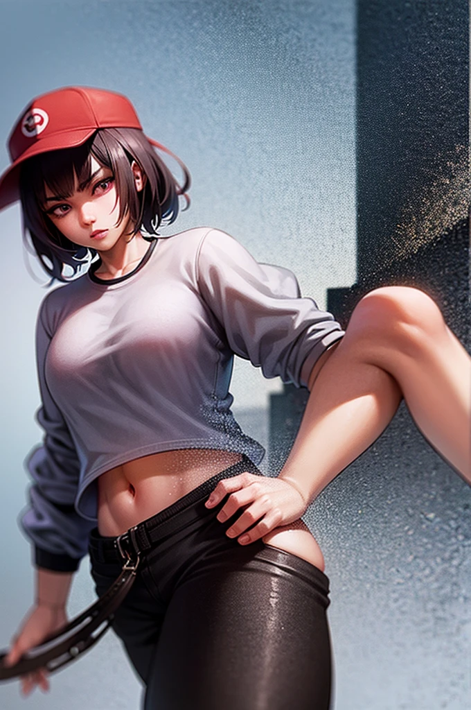 1 female, fierce gangster, asian, pistol tucked in pants, cute slanty eyes, full sleeve geisha tattoos on right arm, teardrop tattoo under eye, hip hop clothes, realistic lips, oversized white t-shirt, hourglass figure, on the street corner, light brown hair, purple eyes, angry, red hair, slit pupils, baseball cap, best quality