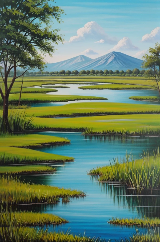 Painting of a wetland with frogs