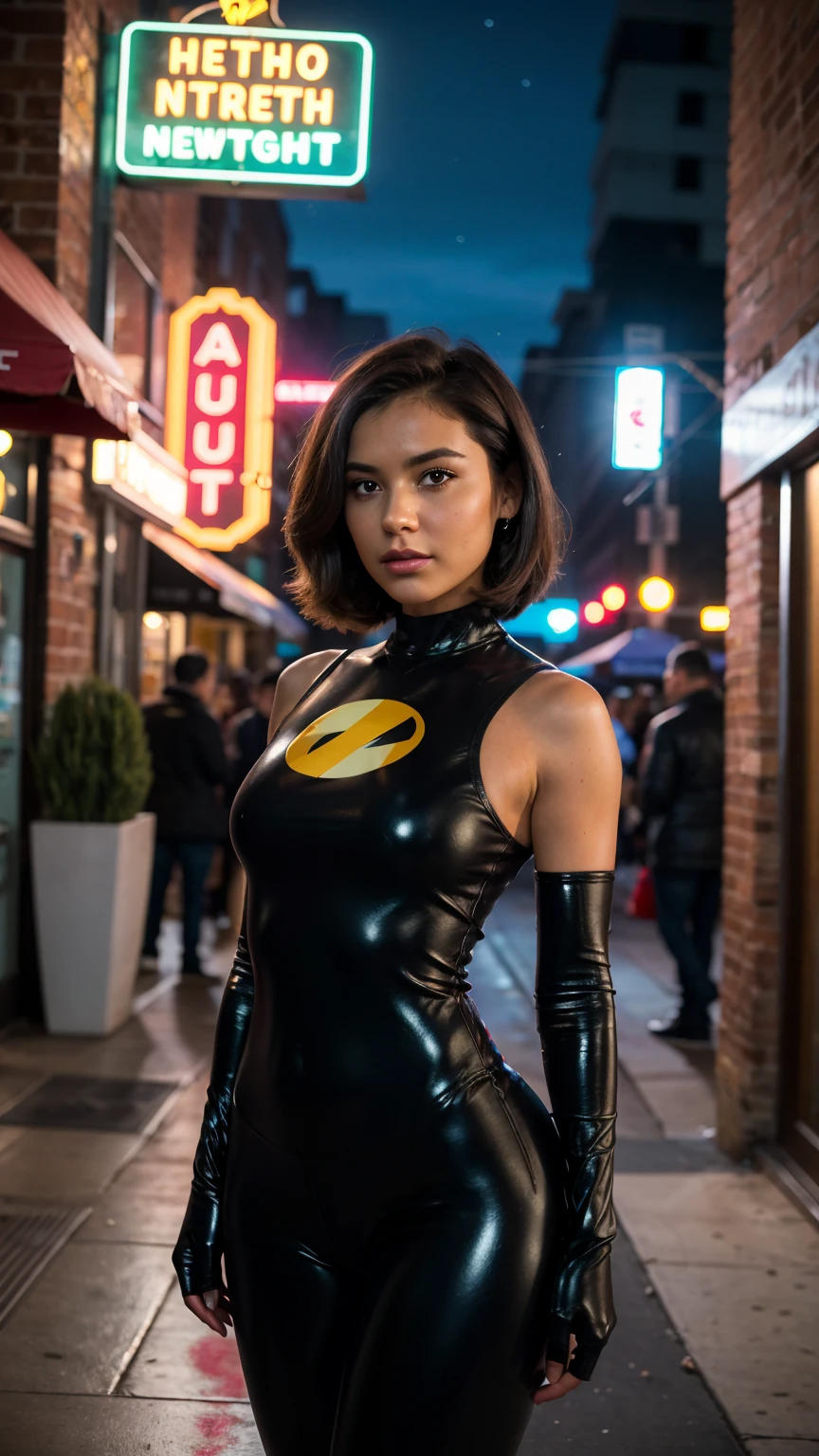 Masterpiece, (photorealistic1.4),Best quality, (solo), (1girl on night street)), (epiCRealLife), (lora:epiCFlashPhoto), (photorealistic1.4), (night scene), (night sky), (Helen Parr latex costume), (dakojohnold ), black elbow gloves), (black thighhigh), (Helen Parr bodysuit), (helen parr thighhigh) (helen parr short hair), (Helen Parr hairstyle), (outside patio), (1girl), (look at viewer), (demure), (close up), (spot light), (flashphoto, flash photography), (night time), (at night), (f/2.8), (cowboy shots), (upper body shot), (from front), (new york night street), (neon signs), (from front), (pose for pictures), 