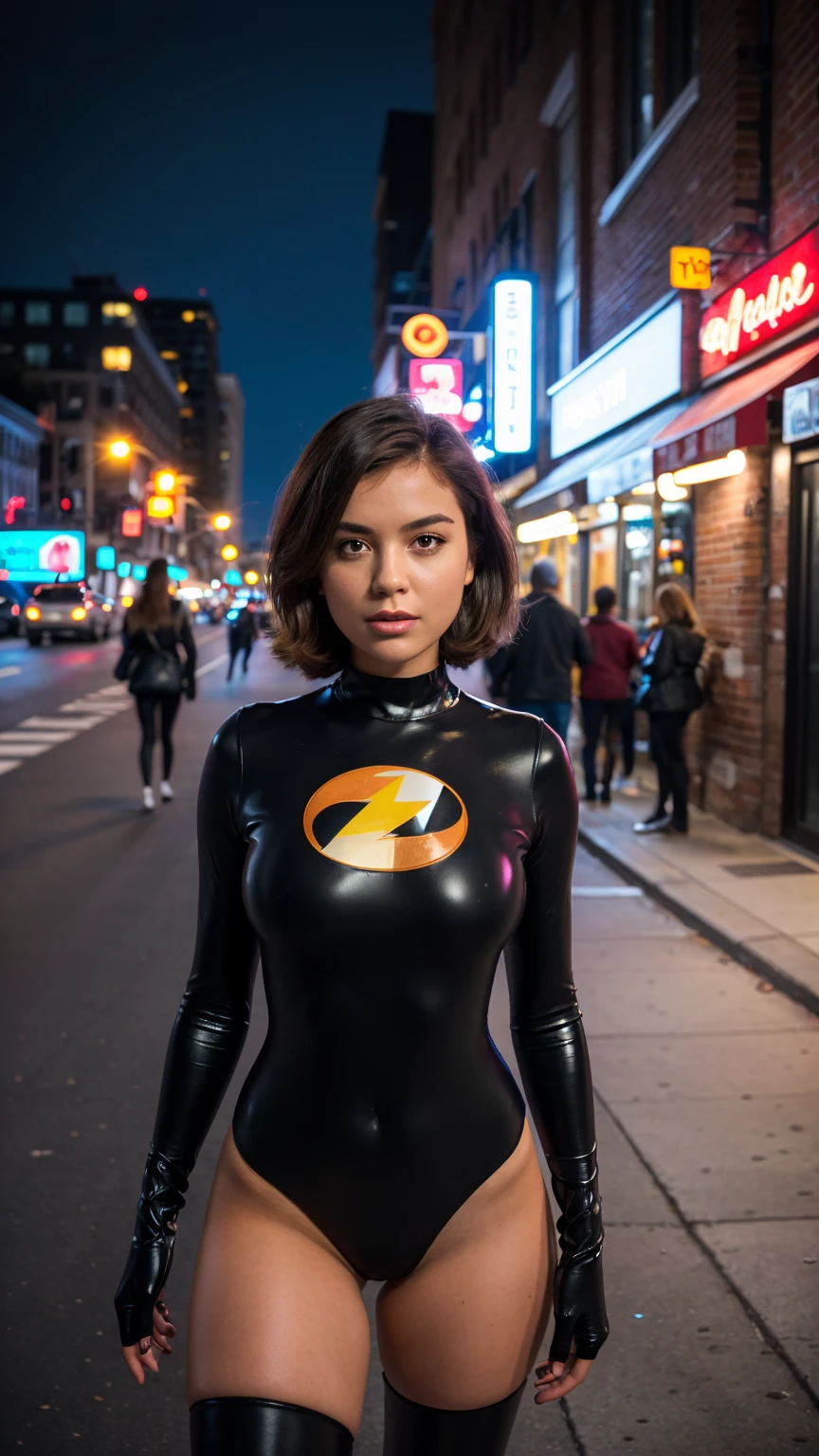 Masterpiece, (photorealistic1.4),Best quality, (solo), (1girl on night street)), (epiCRealLife), (lora:epiCFlashPhoto), (photorealistic1.4), (night scene), (night sky), (Helen Parr latex costume), (dakojohnold ), black elbow gloves), (black thighhigh), (Helen Parr bodysuit), (helen parr thighhigh) (helen parr short hair), (Helen Parr hairstyle), (outside patio), (1girl), (look at viewer), (demure), (close up), (spot light), (flashphoto, flash photography), (night time), (at night), (f/2.8), (cowboy shots), (upper body shot), (from front), (new york night street), (neon signs), (from front), (pose for pictures), 