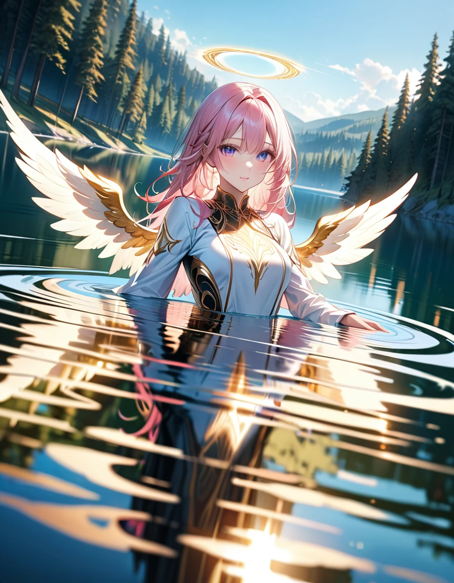 a picture of a female angel flying over a lake ((the angel's reflection mirrored perfectly in the lake: 1.5)), full body shot, a beautiful female angel, divine beauty angel, ((ultra detailed face: 1.5)), (best detailed face: 1.5), dynamic eye color, dynamic hair color, dynamic hair style, intense gaze, wearing dynamic clothing, hovering over a lake, (white angelic wings spread: 1.3), (((a perfect reflection of the angel seen in the lake: 1.5))) vibrant, Ultra-high resolution, High Contrast, masterpiece:1.2, highest quality, Best aesthetics), best details, best quality, highres, ultra wide angle, 16k, [ultra detailed], masterpiece, best quality, (extremely detailed), 