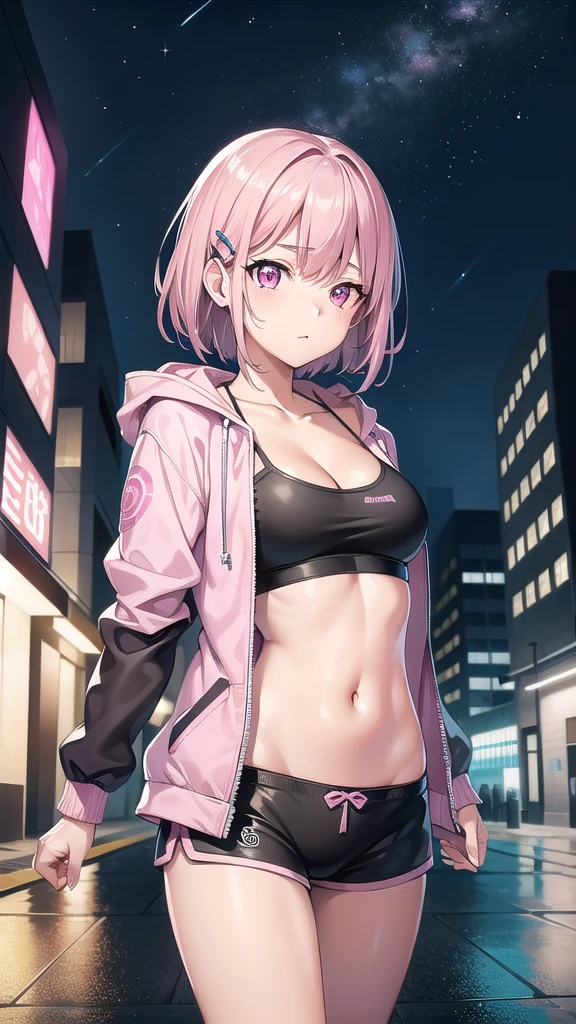 shizukamikazuki, shizuka mikazuki, short hair, purple hair, hair ornament, hairclip, (pink eyes:1.5), swept bangs,
BREAK navel, cleavage, jacket, open clothes, midriff, hood, open jacket, blue jacket, hooded jacket, sports bra, sports shorts,hood down,
BREAK looking at viewer,
BREAK outdoors, city,night, neon lights, wet road, reflections, stars, starfall,
BREAK (masterpiece:1.2), best quality, high resolution, unity 8k wallpaper, (illustration:0.8), (beautiful detailed eyes:1.6), extremely detailed face, perfect lighting, extremely detailed CG, (perfect hands, perfect anatomy),