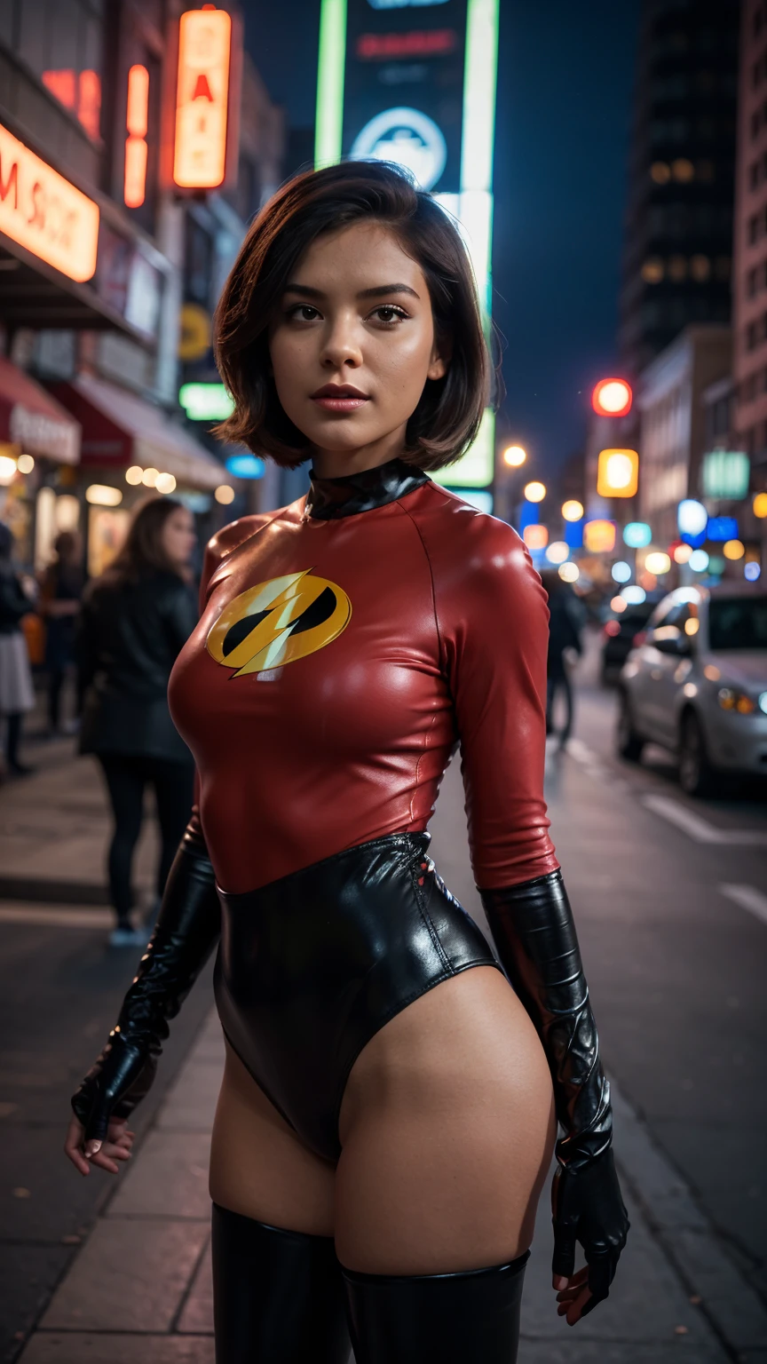 Masterpiece, (photorealistic1.4),Best quality, (solo), (1girl on night street)), (epiCRealLife), (lora:epiCFlashPhoto), (photorealistic1.4), (night scene), (night sky), (Helen Parr latex costume), (dakojohnold ), black elbow gloves), (black thighhigh), (Helen Parr bodysuit), (helen parr thighhigh) (helen parr short hair), (Helen Parr hairstyle), (outside patio), (1girl), (look at viewer), (demure), (spot light), (flashphoto, flash photography), (night time), (at night), (f/2.8), (cowboy shots), (close up upper body shot), (from front), (new york night street), (neon signs), (from front), (pose for pictures), 