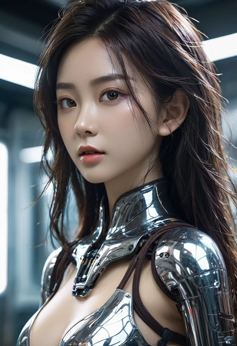 masterpiece, ultra-detailed, ((fisheye)), subtle focus, full body, dark light, night time, (( working 1mechanical asian girl)) cabling a hanging male cyborg, close up, (subtle machine made joints:1.4), ((artificial skinned mechanical limbs)), (wires and cables attaching to body:1.5), beautiful, silicon skin, flirty, sexy, dangerous, amazing, beautiful eyes, white long hair, intricate, skinned glass coating, beautiful face, detailed suit, transparent skin bomber, messy engineering room on background, wide window, (((indoor flowers))), neo, cyberpunk, wide hip, large gap, weathered textures, reflections, cinematic light, smooth tones, high quality, 4k, intricate engineering, ,"detailed skin texture, highly detailled fabrics, precise linen, precise bump textures, absurd res textures, high glossy, perfect reflection, intricate surfaces, subsurface scattering, ambiant occlusion, subtle scratchs, imperfections, soft shadow, insane detail, detailled stitches and sews, intricate leather" bokeh