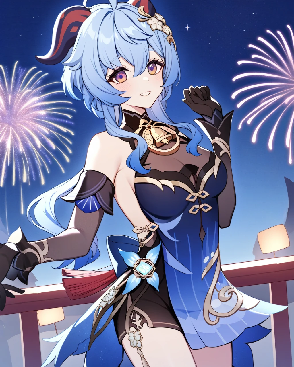 ï¼ganyu \(genshin impact\), 1girl, solo, fireworks, vision \(genshin impact\), night sky, smile, black gloves, neck bell, dress, bare shoulders, alternate costume, detached sleeves, outdoors, elbow gloves, hair flower, cowbell