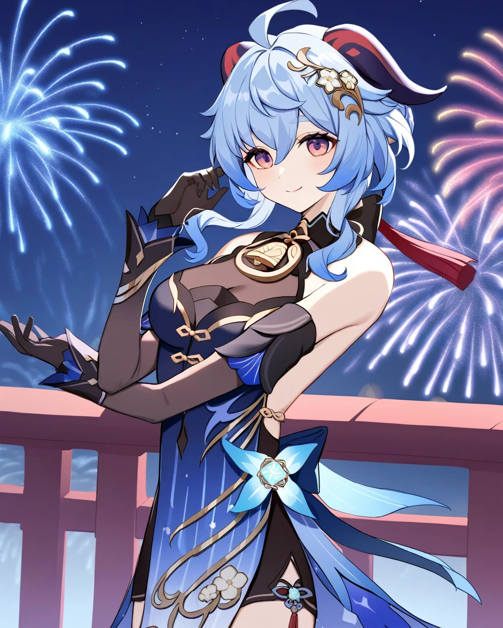 ï¼ganyu \(genshin impact\), 1girl, solo, fireworks, vision \(genshin impact\), night sky, smile, black gloves, neck bell, dress, bare shoulders, alternate costume, detached sleeves, outdoors, elbow gloves, hair flower, cowbell