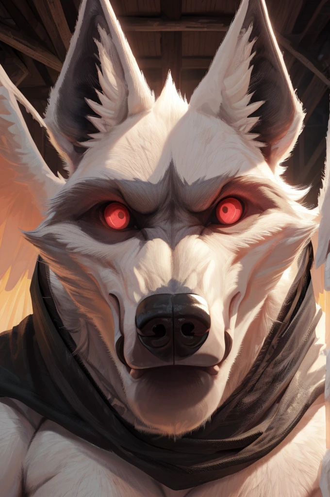 (ultimate death wolf) best quality, ultra high res,1furry boy， solo，detailed eyes, volumetric lighting, amazing, finely detail, cowboy shot, cloak , white fur, red eyes, white sclera, bright pupils, bright atmosphere, muscular, upper body, from below Looking at the viewer with a serious expression Golden wings open
