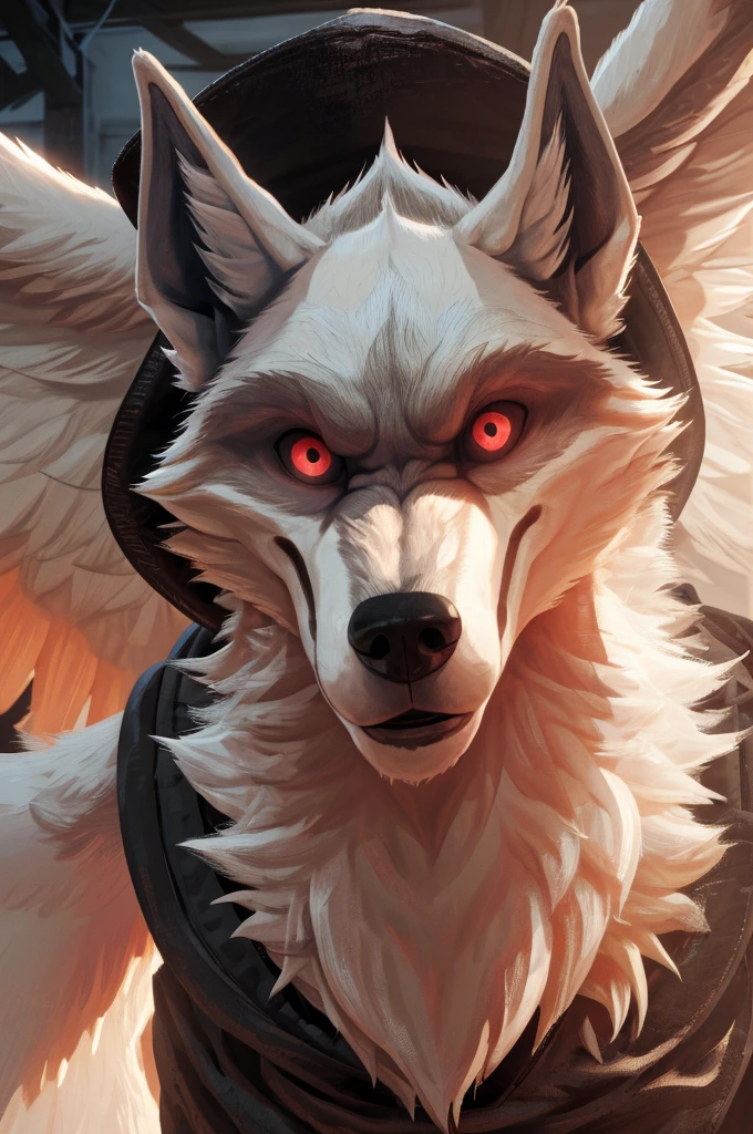 (ultimate death wolf) best quality, ultra high res,1furry boy， solo，detailed eyes, volumetric lighting, amazing, finely detail, cowboy shot, cloak , white fur, red eyes, white sclera, bright pupils, bright atmosphere, muscular, upper body, from below Looking at the viewer with a serious expression Golden wings open
