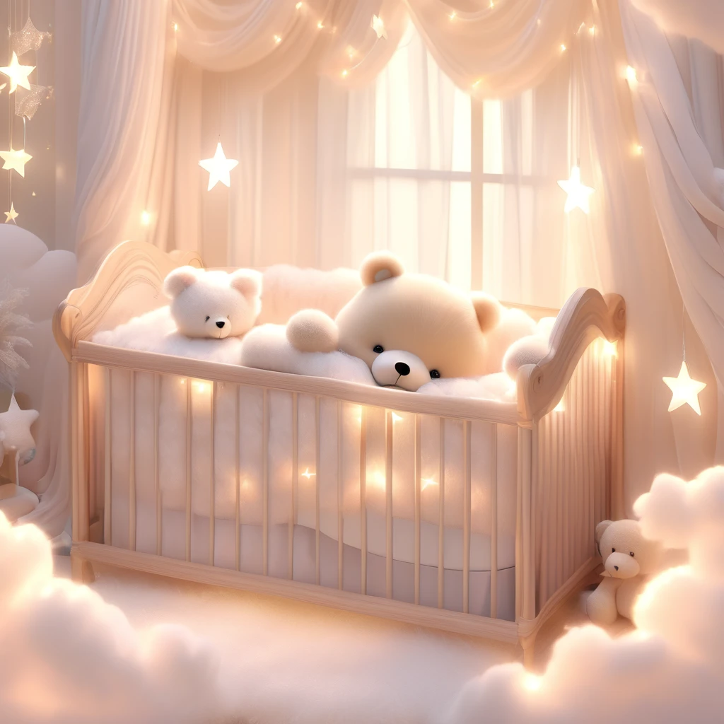 ((Masterpiece)), ((Best Quality)), (Very Detailed), ((Very Detailed)), 4K, (8K), very aesthetic, absurdres highres, 1 baby, blonde_hair, angel_wings, sleeping, crib, lace_curtains, pastel_colors, soft_light, plush_bear, hand-drawn_clouds, star-shaped_lights, white_rug