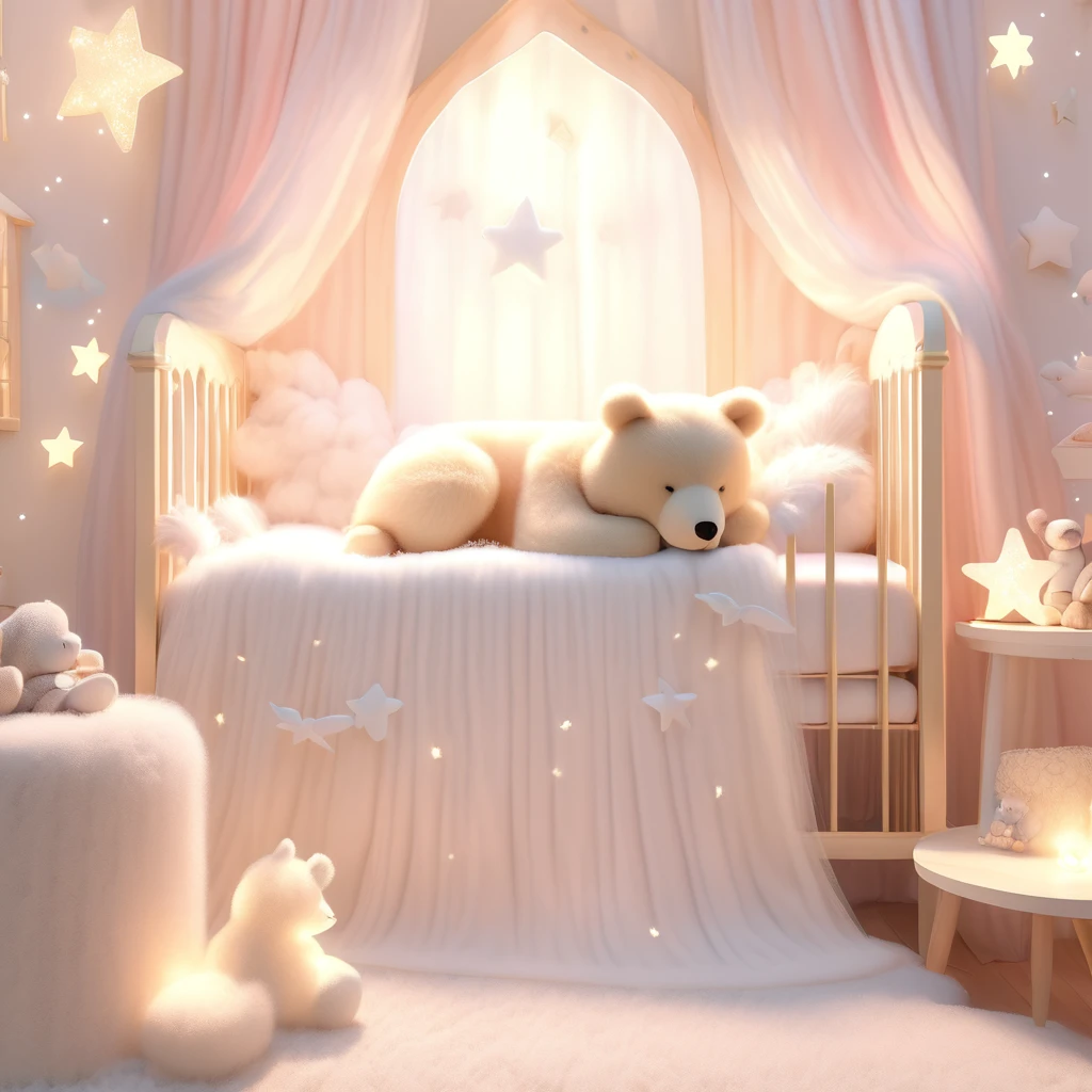 ((Masterpiece)), ((Best Quality)), (Very Detailed), ((Very Detailed)), 4K, (8K), very aesthetic, absurdres highres, 1 baby, blonde_hair, angel_wings, sleeping, crib, lace_curtains, pastel_colors, soft_light, plush_bear, hand-drawn_clouds, star-shaped_lights, white_rug