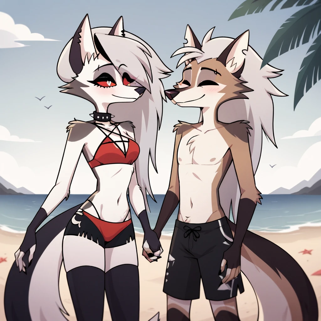 score_9, score_8_up, BREAK, source_anime, uncensored, perfect body, slim, thigh highs, fingerless gloves,
anthro, furry, pose, sexy,
Loona \(Helluva Boss\), NSFW, red swimsuit, bikini, head back, anthro male maned wolf with long spiked white hair and black face, black boxers, blushing, high detail, walking on beach, holding hands, smiling, open eyes, larger male, cuddling