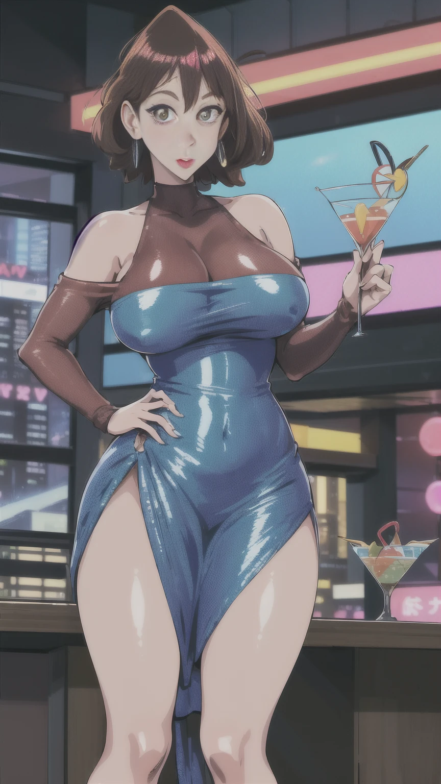 (NSFW), Misae Nohara, full body, thick thighs, hourglass figure, half naked, Looking at the viewer with seductive eyes, Misae Nohara, exposed breasts, 1girl, solo, ((32 years old, wearing a blue sequin dress, long eyelashes, looking at the viewer, holding a martini glass)), sci-fi, digital art, futuristic coloring, vibrant lighting, (Background: Indoors, night club, bar, neon lights, futuristic, Sci-Fi, cyberpunk theme, futuristic technology in the background), brown black hair, hard nipples, exposed vagina, best quality, highres, bbyorf, gold earrings, large breasts, jewelry, off shoulder, red transparent sweater, sweater transparent dress, long sleeves, no panties, outdoors,