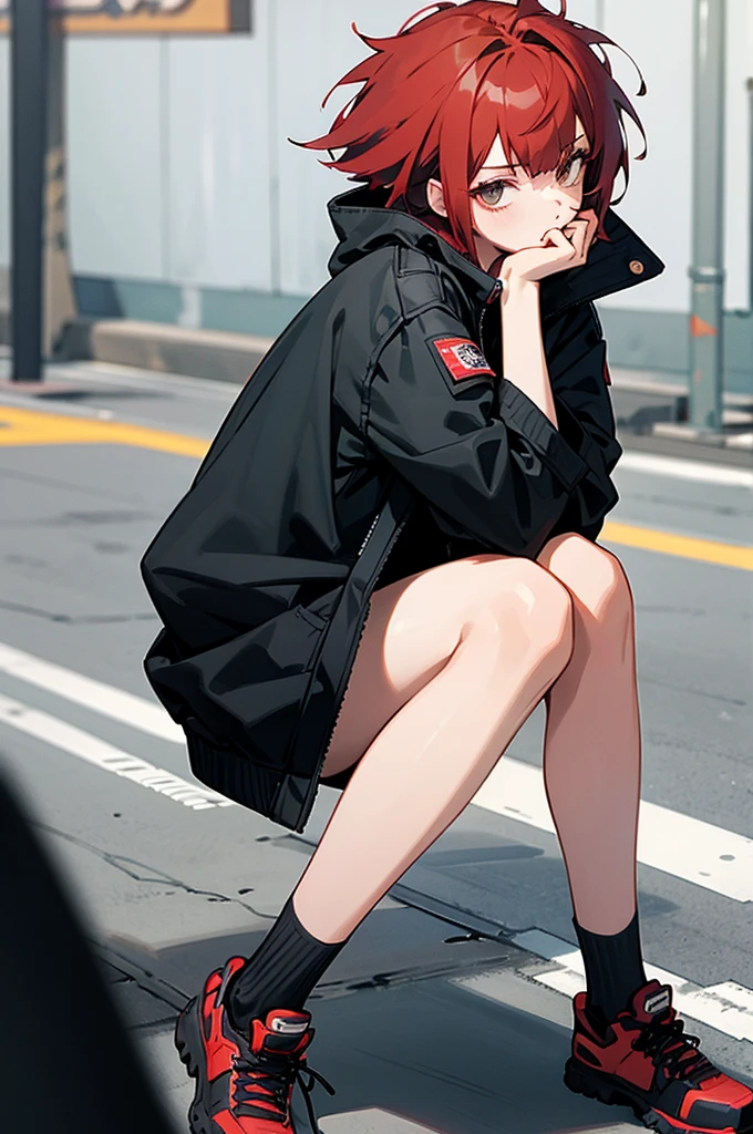 tomboy girl, red hair, cool black open short jacket, messy fade cut hair, street background, straight front center, sit pose, hands in pockets