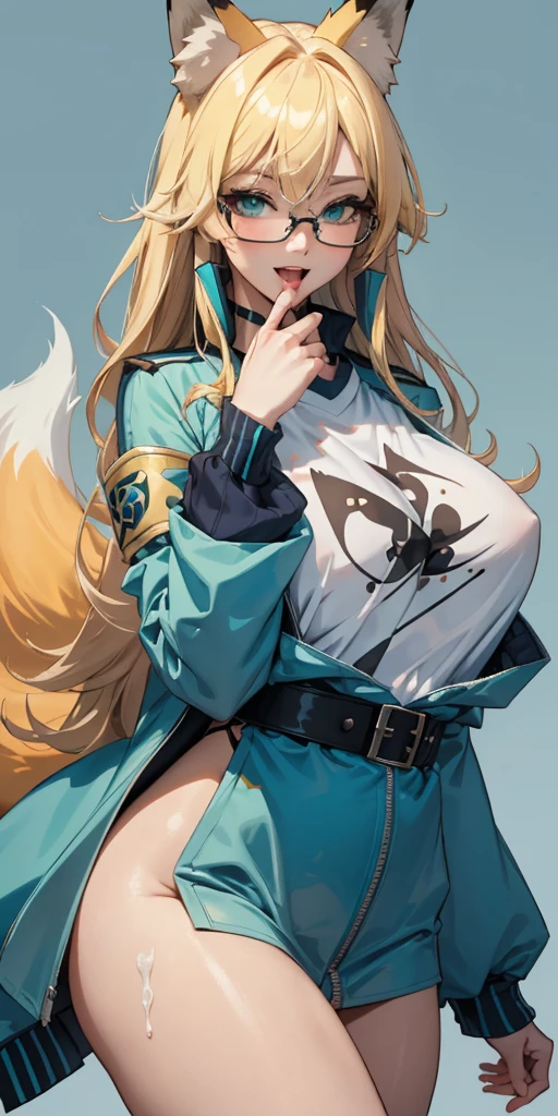 (masterpiece, best qarity), 1ガール, beautiful face, gwendolyn_tennyson, cum breast, (1ガール, 独奏:1.3),, background blank,, Nudie, midshot, upper bodyt, face detailed,smile, opened mouth, wide sleeves, raglan sleeves, ,multicolored shirt, tongue out, graphic shirt, Woman with blonde hair with blue highlights, fox ear, beautiful sexy body, abundant body, beautiful thighs, wearing glasses, beautiful green eyes, wearing cyan blue jacket, blue strand in the middle of the head, anime style character,