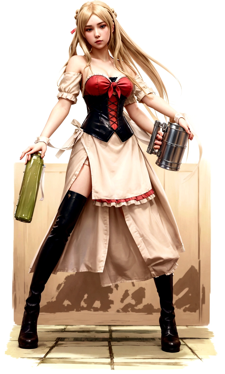 ((最good quality, 8K, maSterpiece: 1.3, ultra HD, good quality, 最good quality, High reSolution, Realism)) 、(high color Saturation:1.0), (highly detailed Skin), (最good quality:1.0), (超High reSolution:1.0) ,(realiStic:1.0), (Super detailled:1.0), (8K, RAW-Foto:1.1), blonde woman in a dress and boots holding a beer mug, cushart krenz key art feminine, Anime girl in a maid costume, cushart krenz, artwork in the style of guweiz,, detailled, masterpiece,