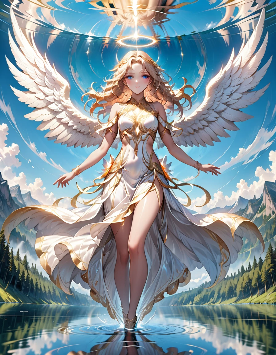 a picture of a female angel flying over a lake ((the angel's reflection mirrored perfectly in the lake: 1.5)), full body shot, a beautiful female angel, divine beauty angel, ((ultra detailed face: 1.5)), (best detailed face: 1.5), dynamic eye color, dynamic hair color, dynamic hair style, intense gaze, wearing dynamic clothing, hovering over a lake, (white angelic wings spread: 1.3), (((a perfect reflection of the angel seen in the lake: 1.5))) vibrant, Ultra-high resolution, High Contrast, masterpiece:1.2, highest quality, Best aesthetics), best details, best quality, highres, ultra wide angle, 16k, [ultra detailed], masterpiece, best quality, (extremely detailed), 