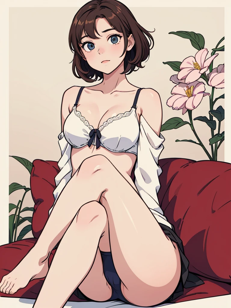 (((masterpiece, best quality, ultra highres, 1 girl, solo, no background))), super detailed skin and face and eyes and finger, beautiful japanese woman, small breasts:1.5, skinny, light brown hair, white background, very short curly pixie hair, (an illustration of girl), Knee shot, Generate with illustrations, Various expressions, Various poses, Please draw the entire character within the frame, ensuring that the head, arms, and legs are not cut off. The background should be simple, with the character positioned centrally, outline, anime, underwear, spread legs, sitting,