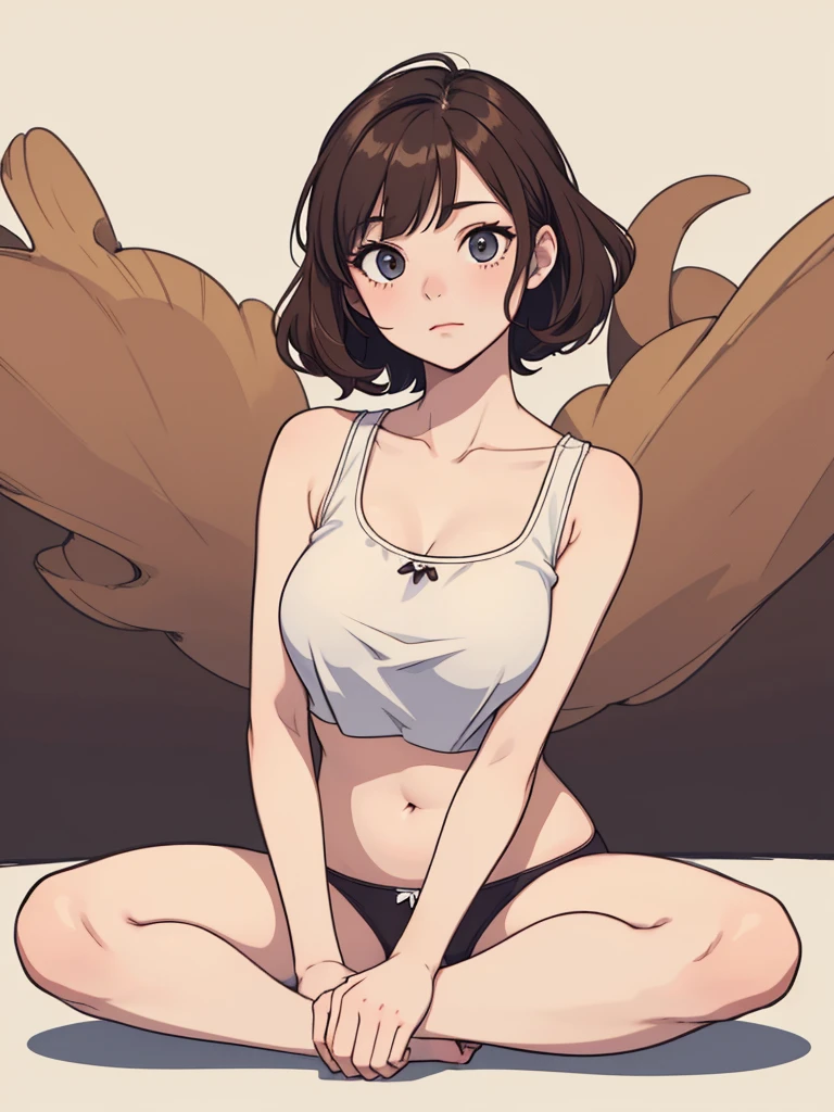 (((masterpiece, best quality, ultra highres, 1 girl, solo, no background))), super detailed skin and face and eyes and finger, beautiful japanese woman, small breasts:1.5, skinny, light brown hair, white background, very short curly pixie hair, (an illustration of girl), Knee shot, Generate with illustrations, Various expressions, Various poses, Please draw the entire character within the frame, ensuring that the head, arms, and legs are not cut off. The background should be simple, with the character positioned centrally, outline, anime, underwear, spread legs, sitting,