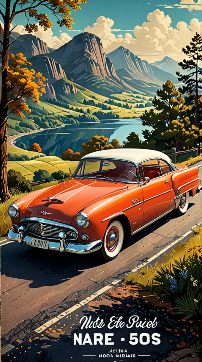 Vintage Advertising Posters, Retro typography, Bold colors, Classic Cars, Stylish couple dressed in 1950s attire, Landscape Background, Nostalgic feeling, Worn-out texture, Detailed illustrations, Era-specific design elements 
(masterpiece, Award-winning works)
Many details, Very detailed, Full of details,
Wide range of colors, High Dynamic Dark, Chiaroscuro, Discreet dvr-lnds-sdxl