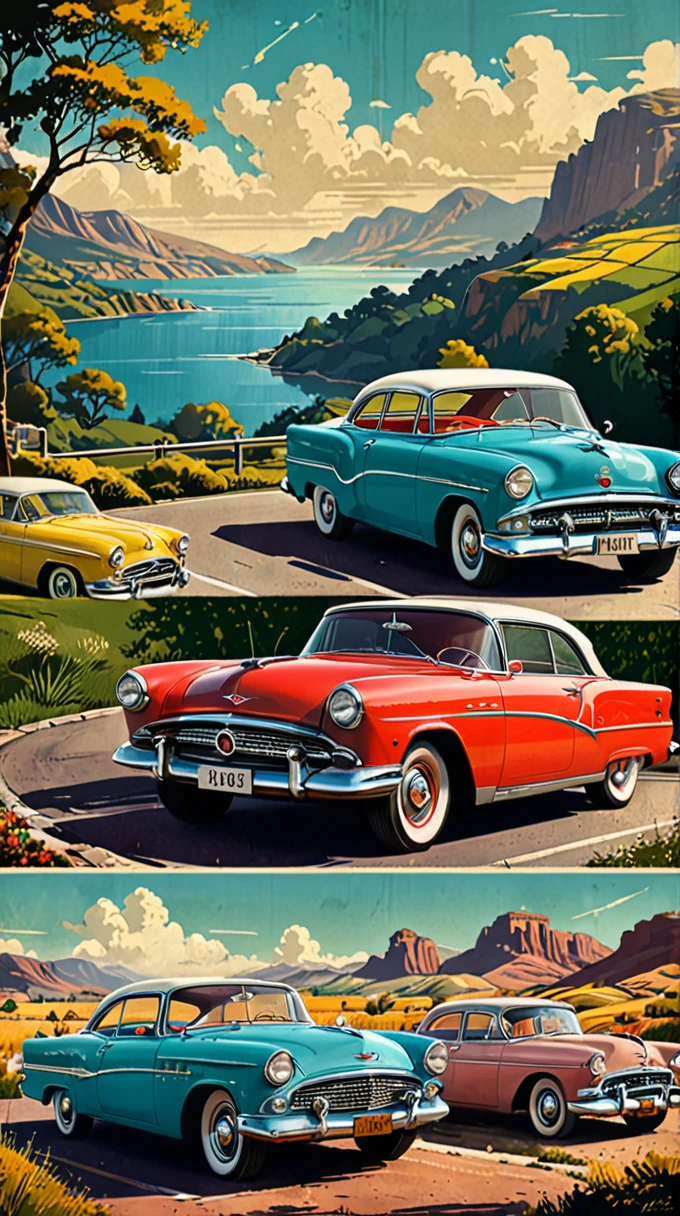 Vintage Advertising Posters, Retro typography, Bold colors, Classic Cars, Stylish couple dressed in 1950s attire, Landscape Background, Nostalgic feeling, Worn-out texture, Detailed illustrations, Era-specific design elements 
(masterpiece, Award-winning works)
Many details, Very detailed, Full of details,
Wide range of colors, High Dynamic Dark, Chiaroscuro, Discreet dvr-lnds-sdxl