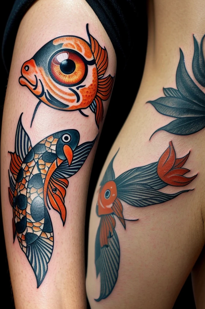 Create a picis sign tattoo design with the koi fish with a red pupil eye in the middle of the fish