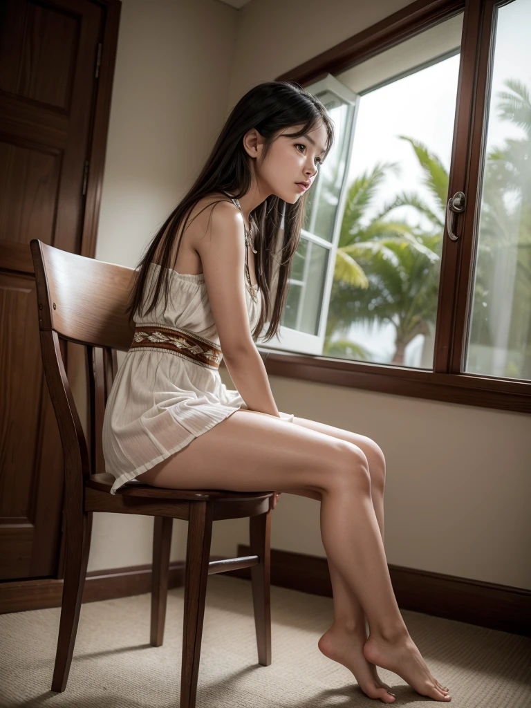 Indigenous girl 18 years old girl, wearing sensual dress, full body, sitting on a chair photo taken from the side