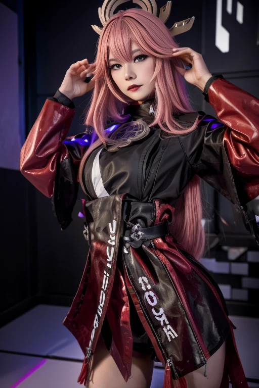 Yaya Miko Genshin in goth leather outfit, rocker, in a black biker jacket and combat boots art 3D realistic