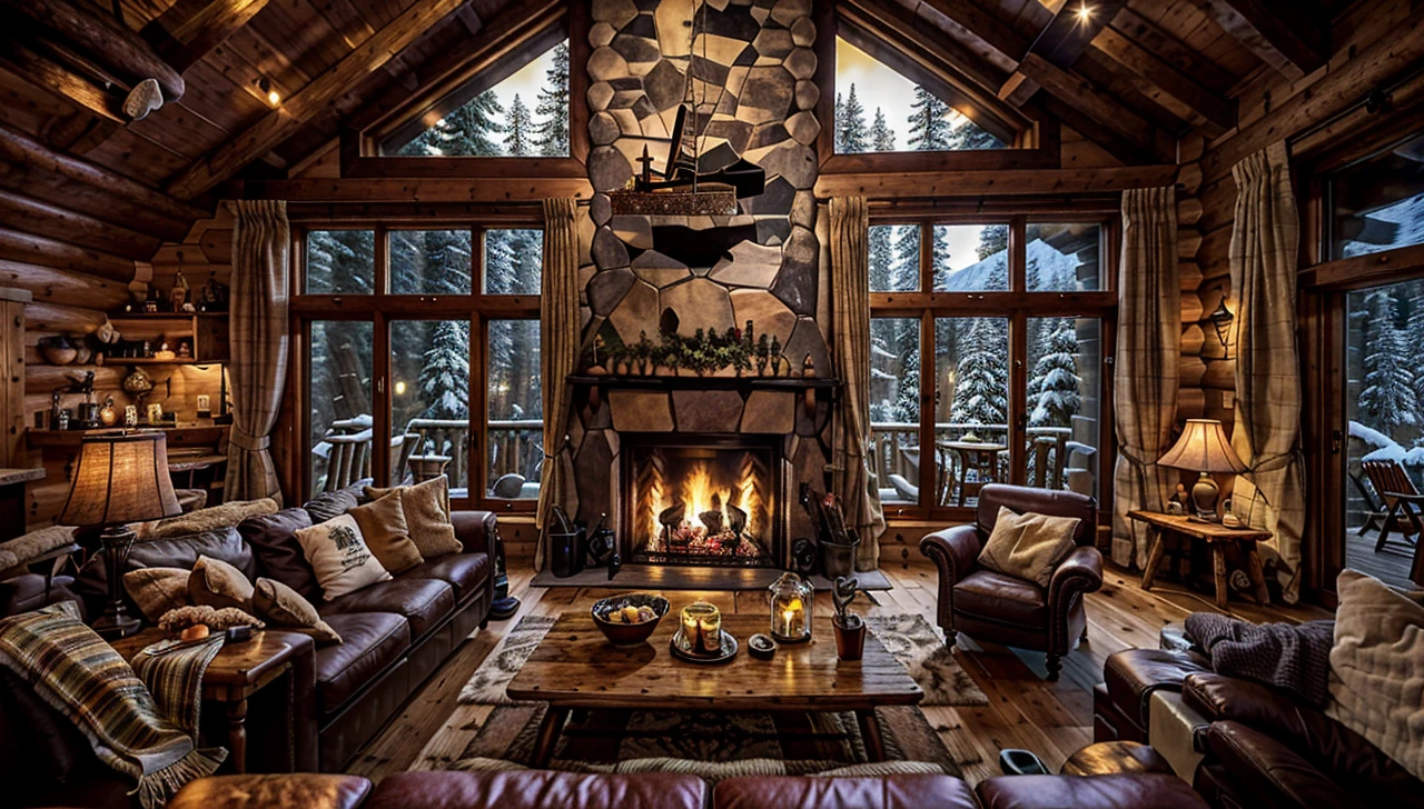 Living room with fireplace and large window, Cozy setting, cozy place, in a cabin, luxurious wooden cottage, cozy envirnment, inside of a cabin, cozy living room, cozy and peaceful atmosphere, chalet, cosy atmoshpere, place of roaring fire, roaring fire, warm interior, sala de estar quente, warm atmosphere, cozy and calm, cozy envirnment