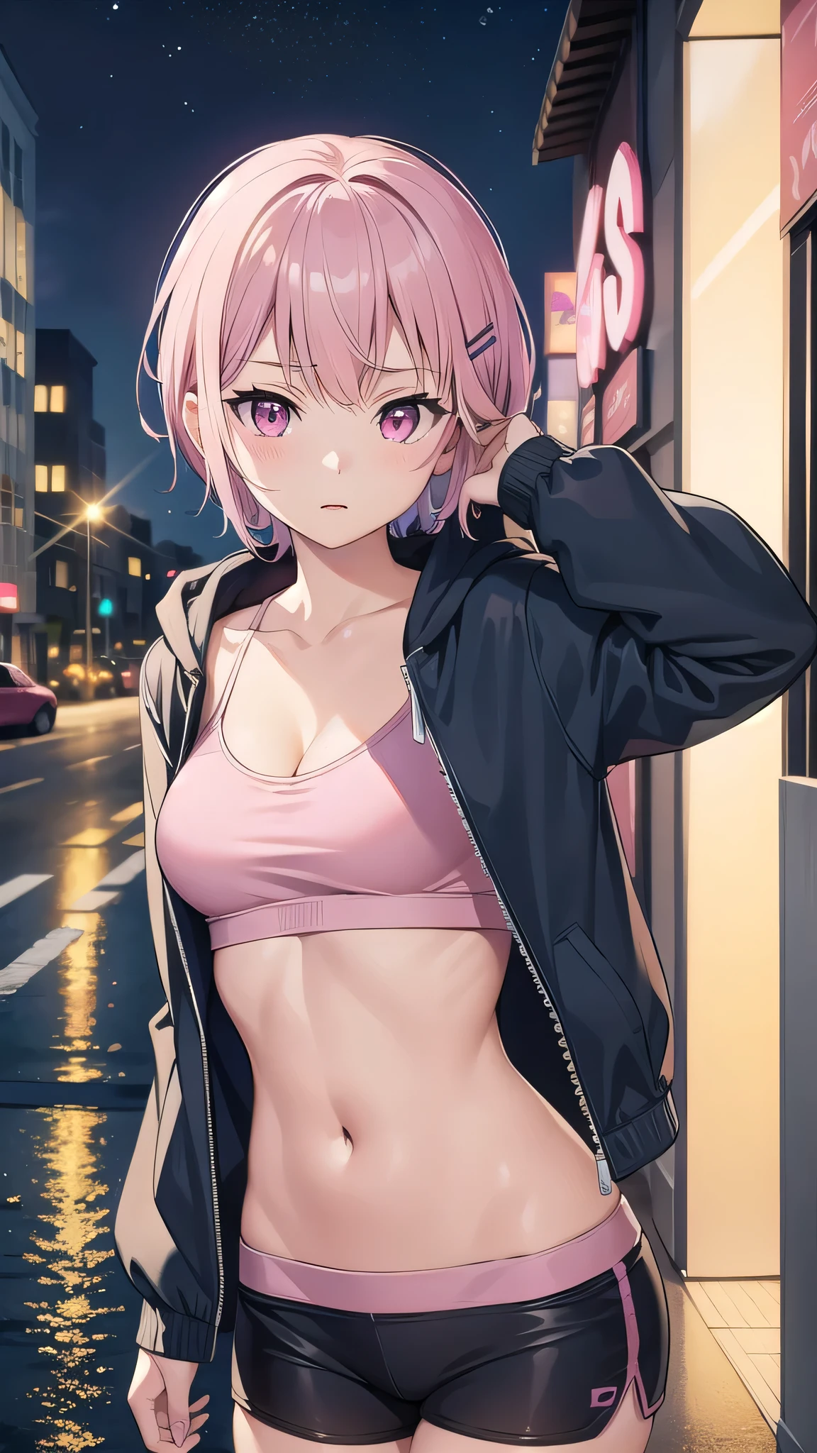 shizukamikazuki, shizuka mikazuki, short hair, purple hair, hair ornament, hairclip, (pink eyes:1.5), swept bangs,
BREAK navel, cleavage, jacket, open clothes, midriff, hood, open jacket, blue jacket, hooded jacket, sports bra, sports shorts,hood down,
BREAK looking at viewer,
BREAK outdoors, city,night, neon lights, wet road, reflections, stars, starfall,
BREAK (masterpiece:1.2), best quality, high resolution, unity 8k wallpaper, (illustration:0.8), (beautiful detailed eyes:1.6), extremely detailed face, perfect lighting, extremely detailed CG, (perfect hands, perfect anatomy), upper body, from above,wet body,wet hair.