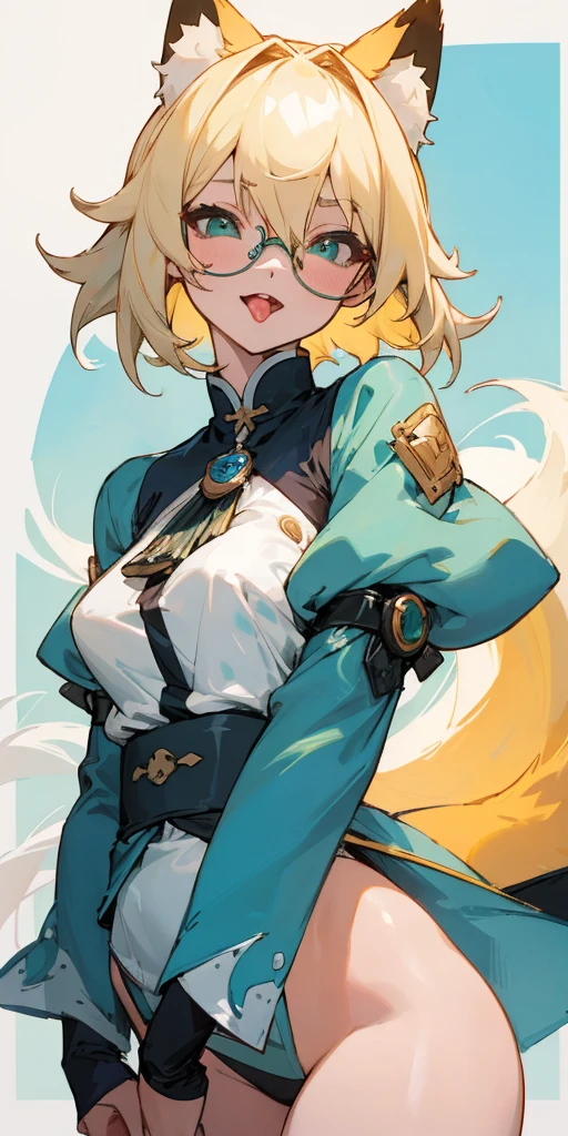 (​masterpiece, best qarity), 1ガール, beautiful face, gwendolyn_tennyson, cum breast, (1ガール, 独奏:1.3),, background blank,, Nudie, midshot, upper bodyt, face detailed,smile, opened mouth, wide sleeves, raglan sleeves, ,multicolored shirt, tongue out, graphic shirt, Woman with blonde hair with blue highlights, fox ear, beautiful sexy body, abundant body, beautiful thighs, wearing glasses, beautiful green eyes, wearing cyan blue jacket, blue strand in the middle of the head, anime style character,