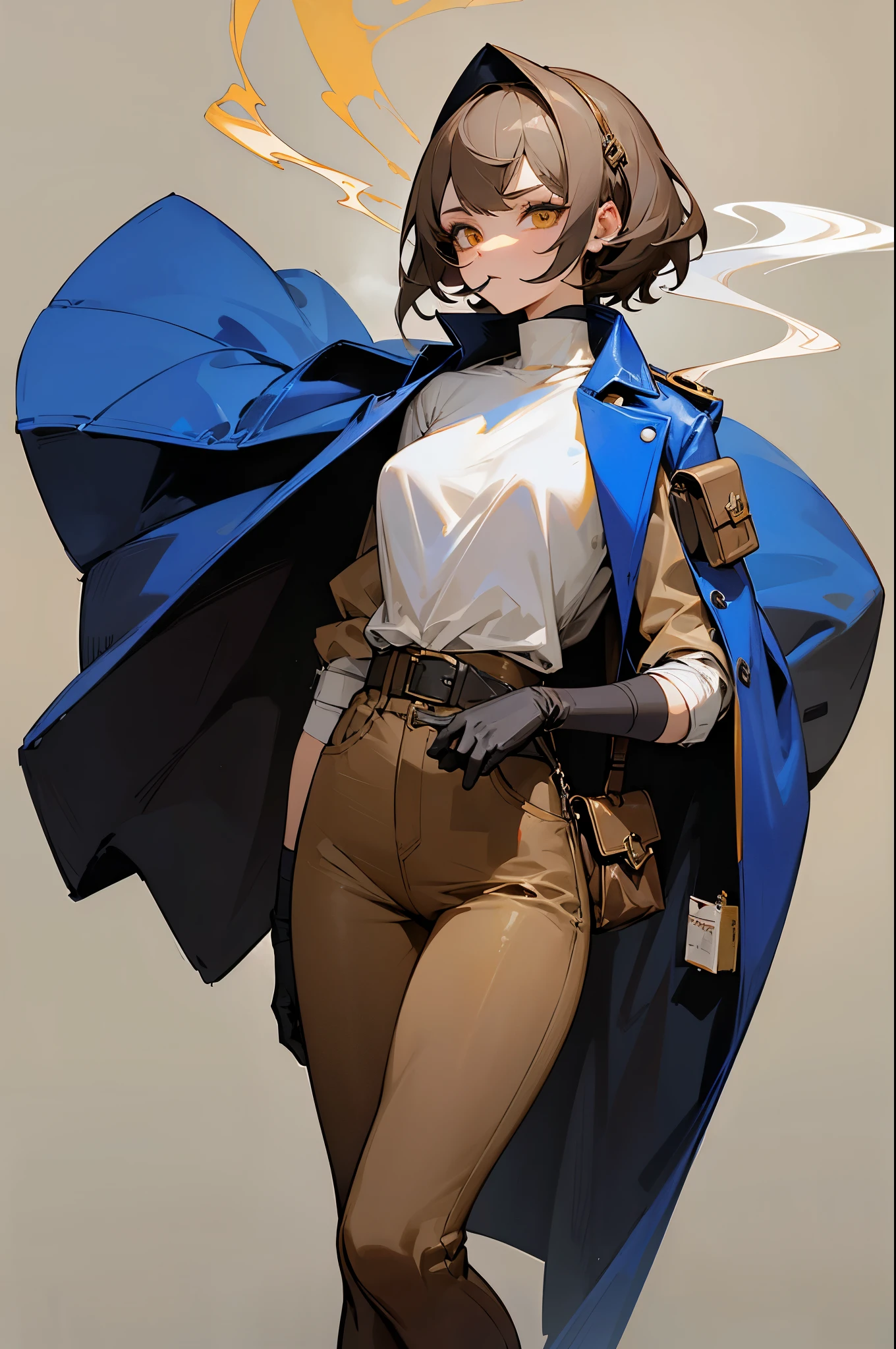 simplebackground，femele，Sexy body，Wearing a heavy blue coat outside，Wearing motorcycle gloves，Brown jeans，Short beige hair，Bandages wrapped around his head，The expression is serious，There are many injections in the medical satchel on his side，smoking girl，Full body like，Stand up，Golden eyes，Lots of detail，illustration，CG，quadratic element，high qulity，tmasterpiece，Cyberworld，jk style，smoking girl，bags under eyes,eyeliner,makeup
