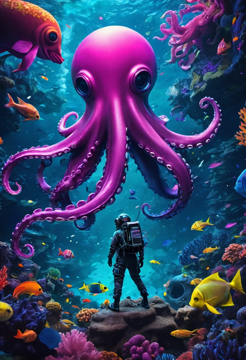 capa de single realisitic, criaturas abissais dançando no sea background, love craft, ruins,dj wearing diving suit, undersea, scary fish, rave party, Giant Octopus, crowd ,pirates, giant speaker, cerulean,Violette,Pink,Unripe, orange, sea background,  deeply vibrant world, centred, symetry, realisitic, intricate, volumetric lighting, comely, rich masterpiece in deep colors, sharp focus, ultra detaild, astrophotography. The composition is very detailed, 8K, perfect composition.