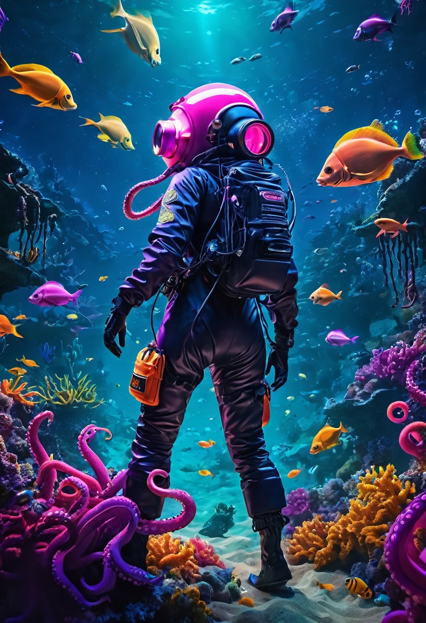 capa de single realisitic, criaturas abissais dançando no sea background, love craft, ruins,dj wearing diving suit, undersea, scary fish, rave party, Giant Octopus, crowd ,pirates, giant speaker, cerulean,Violette,Pink,Unripe, orange, sea background, deeply vibrant world, centred, symetry, realisitic, intricate, volumetric lighting, comely, rich masterpiece in deep colors, sharp focus, ultra detaild, astrophotography. The composition is very detailed, 8K, perfect composition.