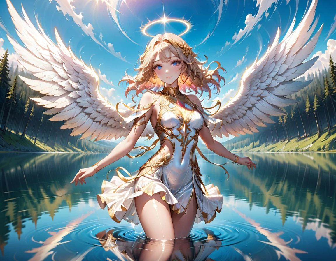 a picture of a female angel flying over a lake ((the angel's reflection mirrored perfectly in the lake: 1.5)), full body shot, a beautiful female angel, divine beauty angel, ((ultra detailed face: 1.5)), (best detailed face: 1.5), dynamic eye color, dynamic hair color, dynamic hair style, intense gaze, wearing dynamic clothing, hovering over a lake, (white angelic wings spread: 1.3), (((a perfect reflection of the angel seen in the lake: 1.5))) vibrant, Ultra-high resolution, High Contrast, masterpiece:1.2, highest quality, Best aesthetics), best details, best quality, highres, ultra wide angle, 16k, [ultra detailed], masterpiece, best quality, (extremely detailed), 