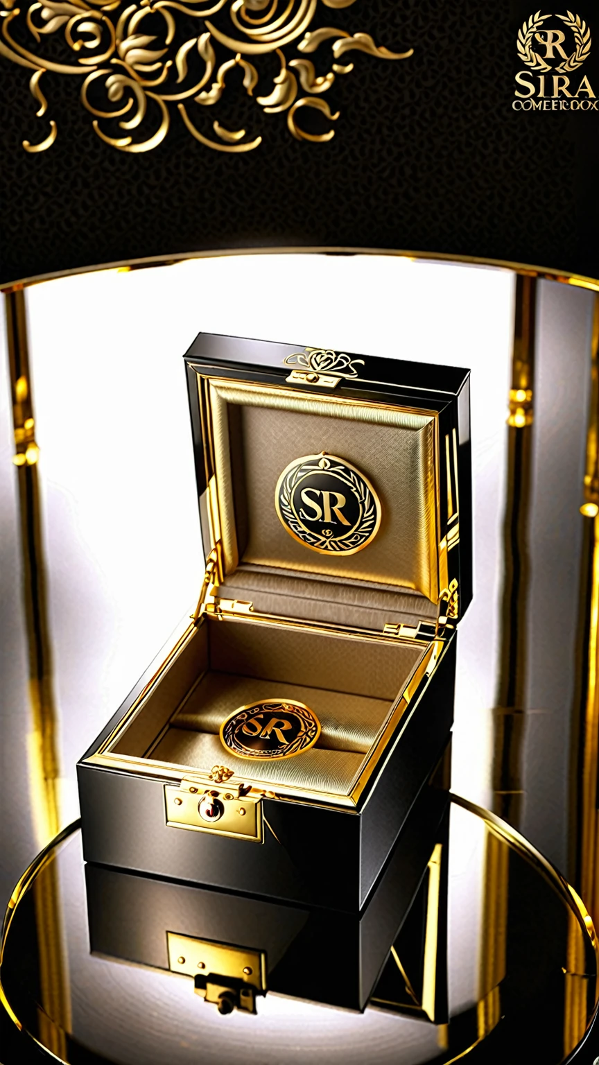 a black comercial jewelry box with golden Sira logotype, comercial picture, highly detailed, photorealistic, 8k, masterpiece, elegant, luxury, shiny metallic finish, reflective surface, soft lighting, warm tones
