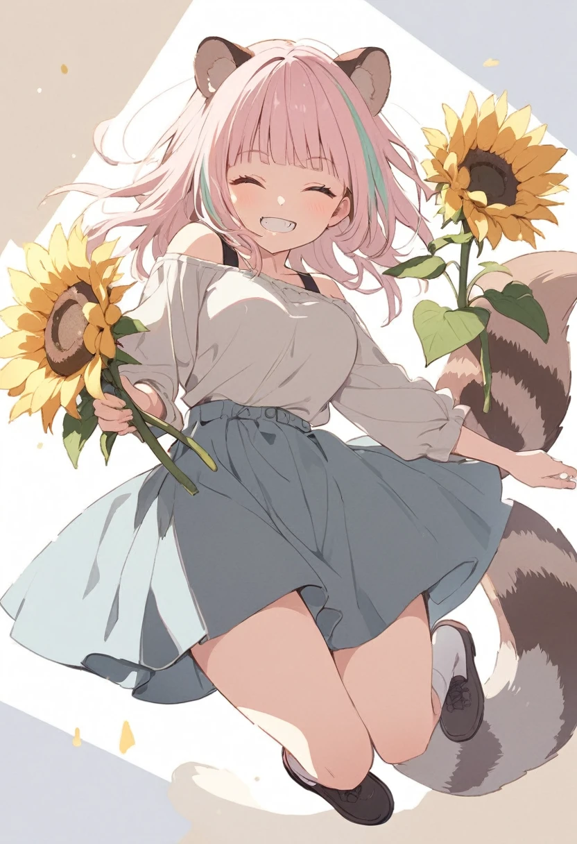 anime,(pale colors:1.8),long shot, 1girl, (on right:1.3), full body, solo, grin, smile, closed eyes, dynamic angle, jumping high, holding sunflowers, fang, light pink hair, long hair, straight hair, racoon ears, racoon tail, (brown streaked hair:1.3), side braid, (blunt bangs) ,thick eyebrows, big breast, off shoulder clothes, cutout, sunflower background, shadow,