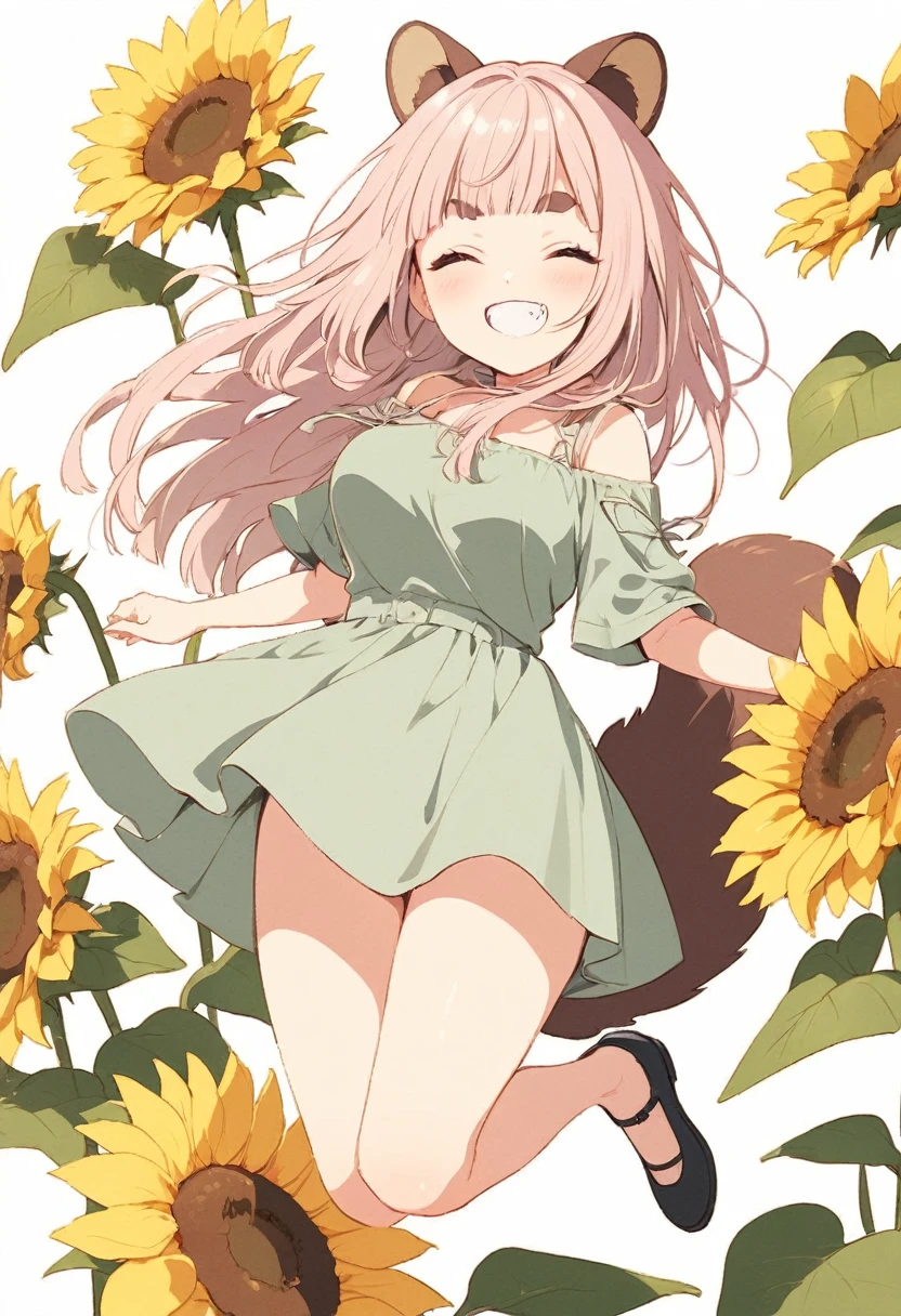anime,(pale colors:1.8),long shot, 1girl, (on right:1.3), full body, solo, grin, smile, closed eyes, dynamic angle, jumping high, holding sunflowers, fang, light pink hair, long hair, straight hair, racoon ears, racoon tail, (brown streaked hair:1.3), side braid, (blunt bangs) ,thick eyebrows, big breast, off shoulder clothes, cutout, sunflower background, shadow,