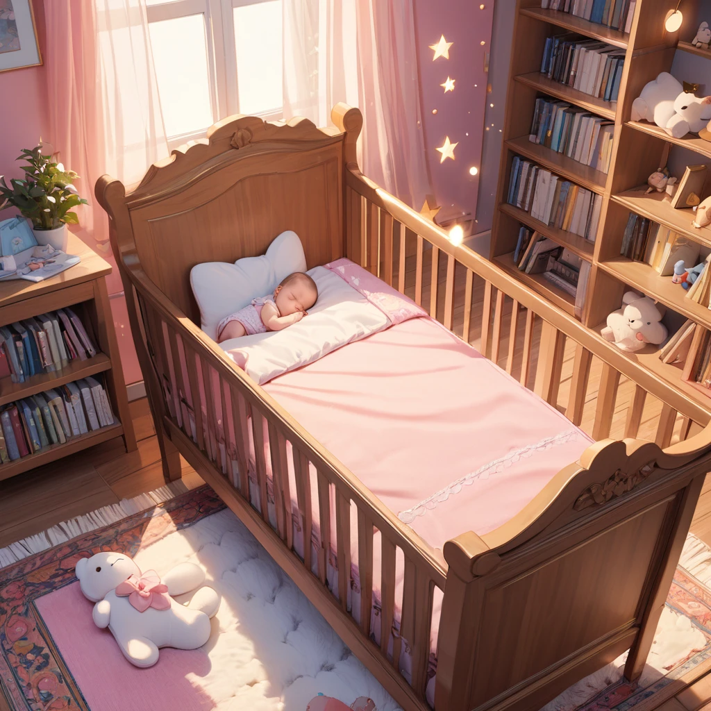 ((Masterpiece)), ((Best Quality)), (Very Detailed), ((Very Detailed)), 4K, (8K), very aesthetic, absurdres highres, 1 , blonde_hair, angel_wings, sleeping, crib, warm_light, moonlight, handmade_carpet, pink_walls, star-shaped_lights, bookshelf, plush_toy