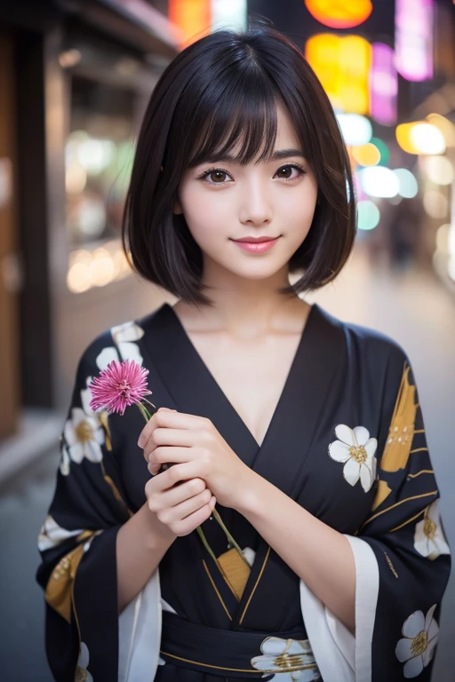 girl, White skin, Short dark brown tiered hair, V cut with layers and bangs, Brown eyes, Soft atmosphere characteristics (Highest quality, Ultra-high resolution, 8K, RAW Photos, Ultra-high resolution: 1.2, masterpiece: 1.2), (Realistic, Realistic: 1.37), Super detailed, Professional Lighting, Photon Mapping, Radio City, Physically Based Rendering, Japanese, One Girl, alone, Black Hair, cute,Sharp focus:1.2、Beautiful woman:1.4, Nice, Adorable, A light smile, Normal chest,yukata,Fireworks display